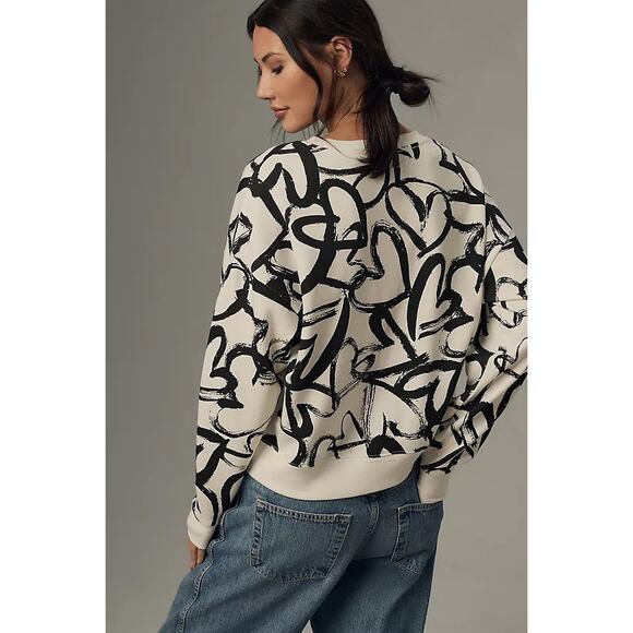 Maeve by Anthropologie Graphic Heart Print Sweatshirt White Black XS - Picture 3 of 7
